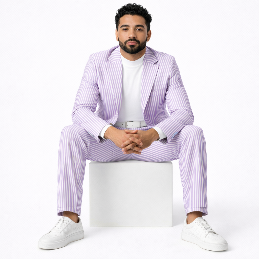 Inserch Men’s Premium Cotton Seersucker Stripe Suit – Purple