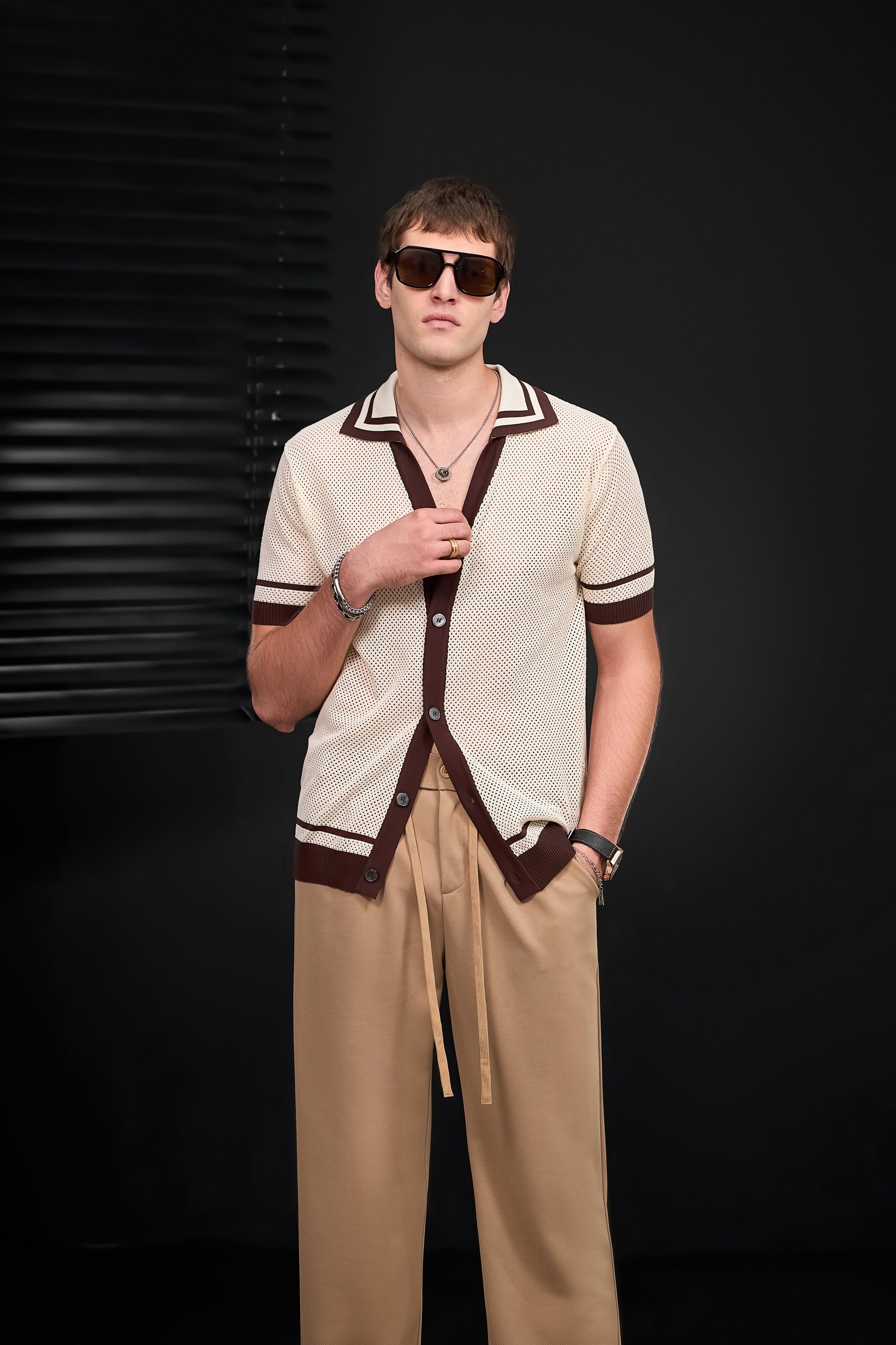 Contrast Trim Mesh Button-Up IVORY