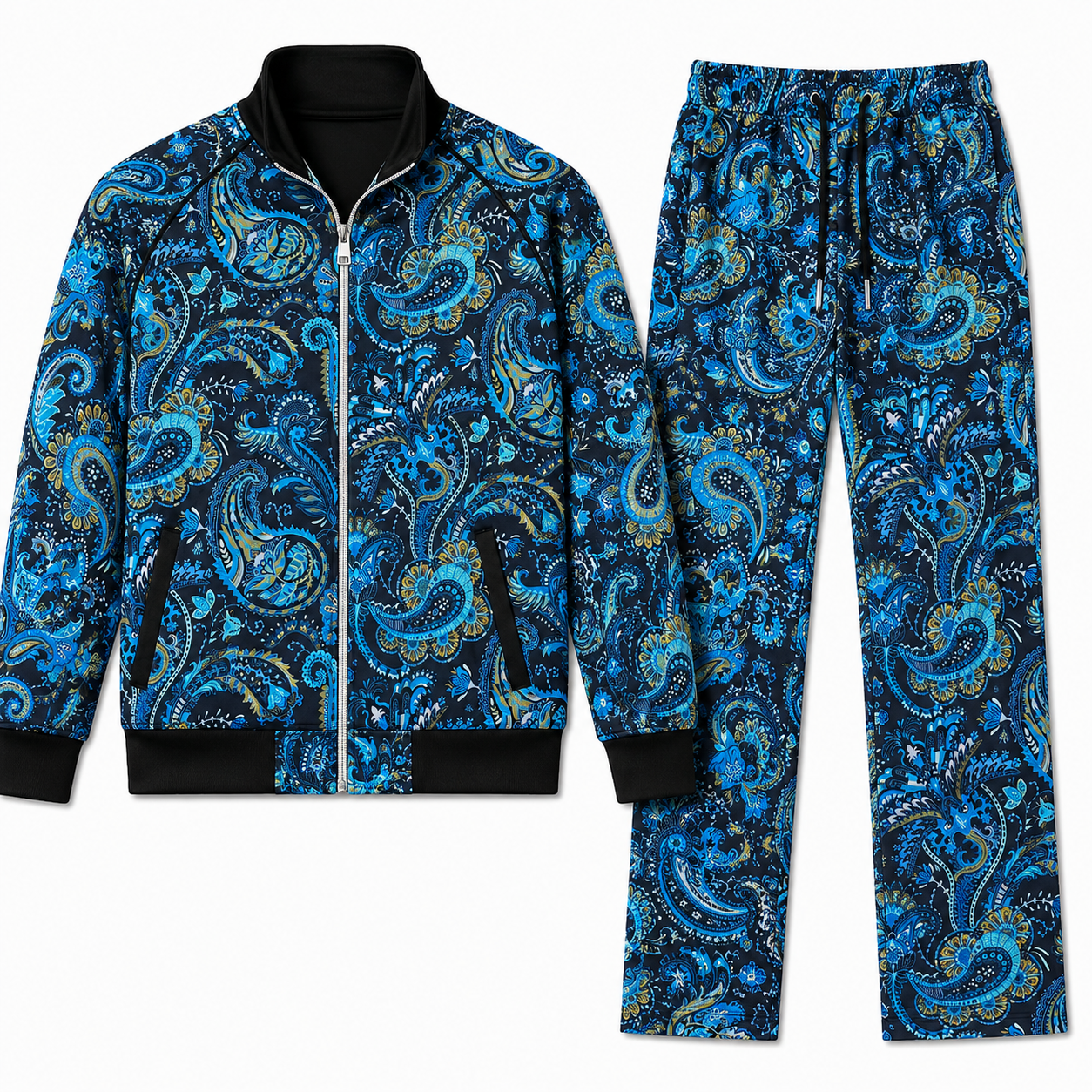 Inserch Men's Paisley Velour Track Jacket & Pant Set: Indigo