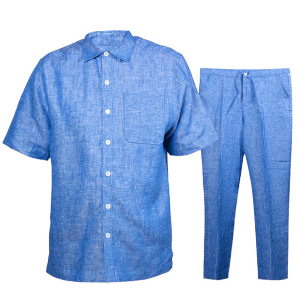 Prestige "Grain" Luxury Linen Pant Set (Blue) 405
