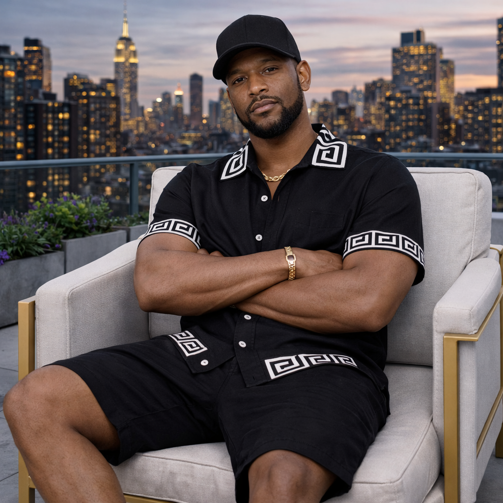 Prestige Men’s Greek Key Knit Short Set – Black/White 6125