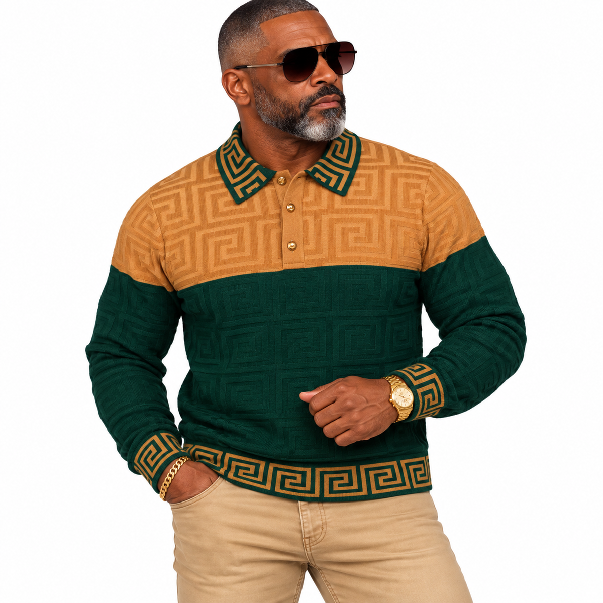 Prestige Greek "halfi" Polo Sweater (Green/Gold) 464