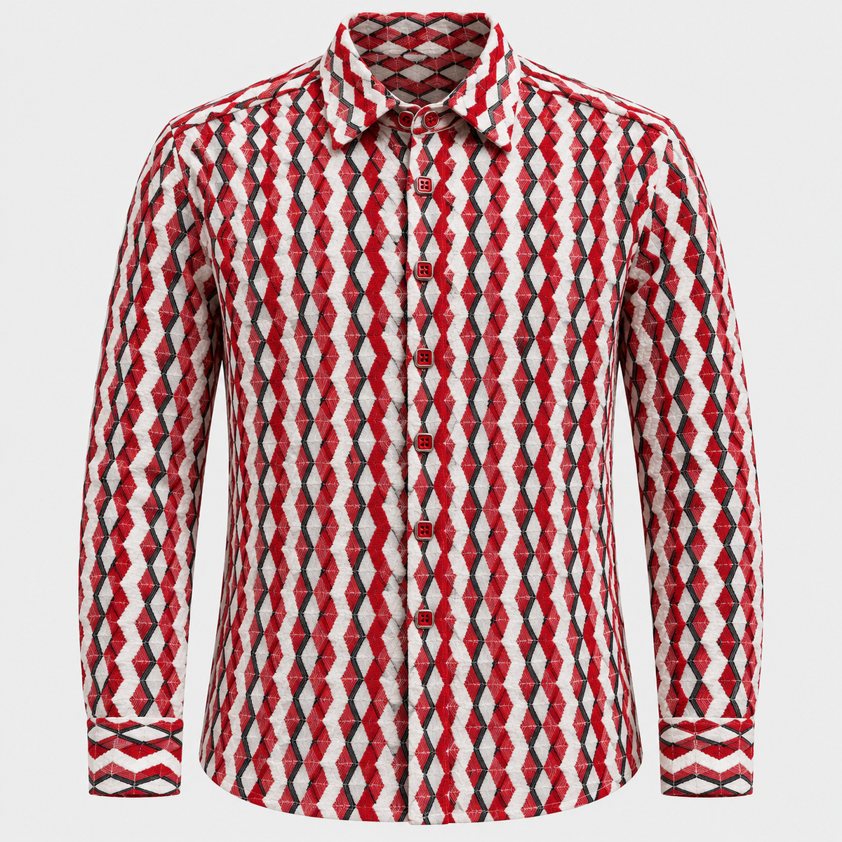 Men’s Lightweight Stretch Button Up Shirt: Red/White/Black