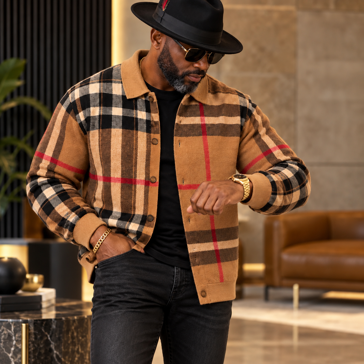 Lanzino Men’s Knit Button-Up Sweater – Tan