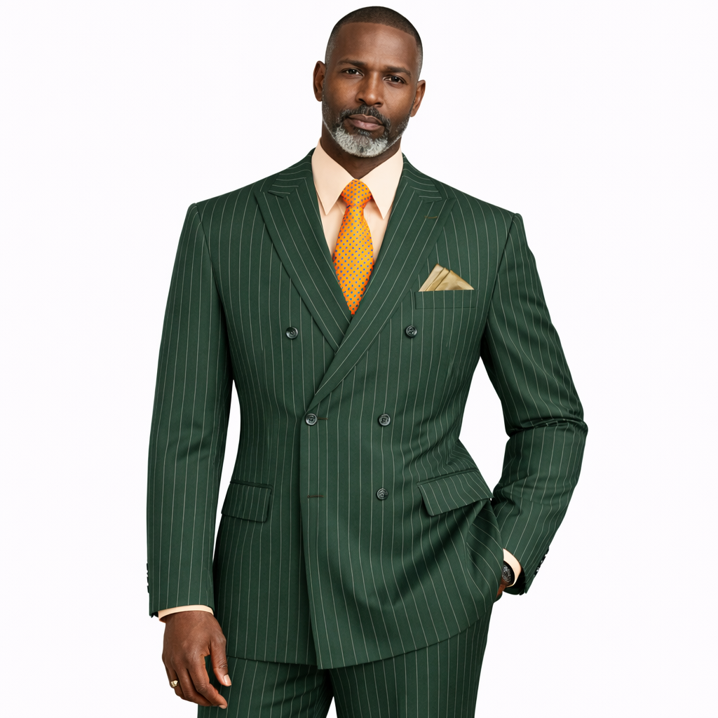 Men’s Double Breasted Pinstripe Suit – Hunter Green Relaxed Fit 2 Piece FDSS