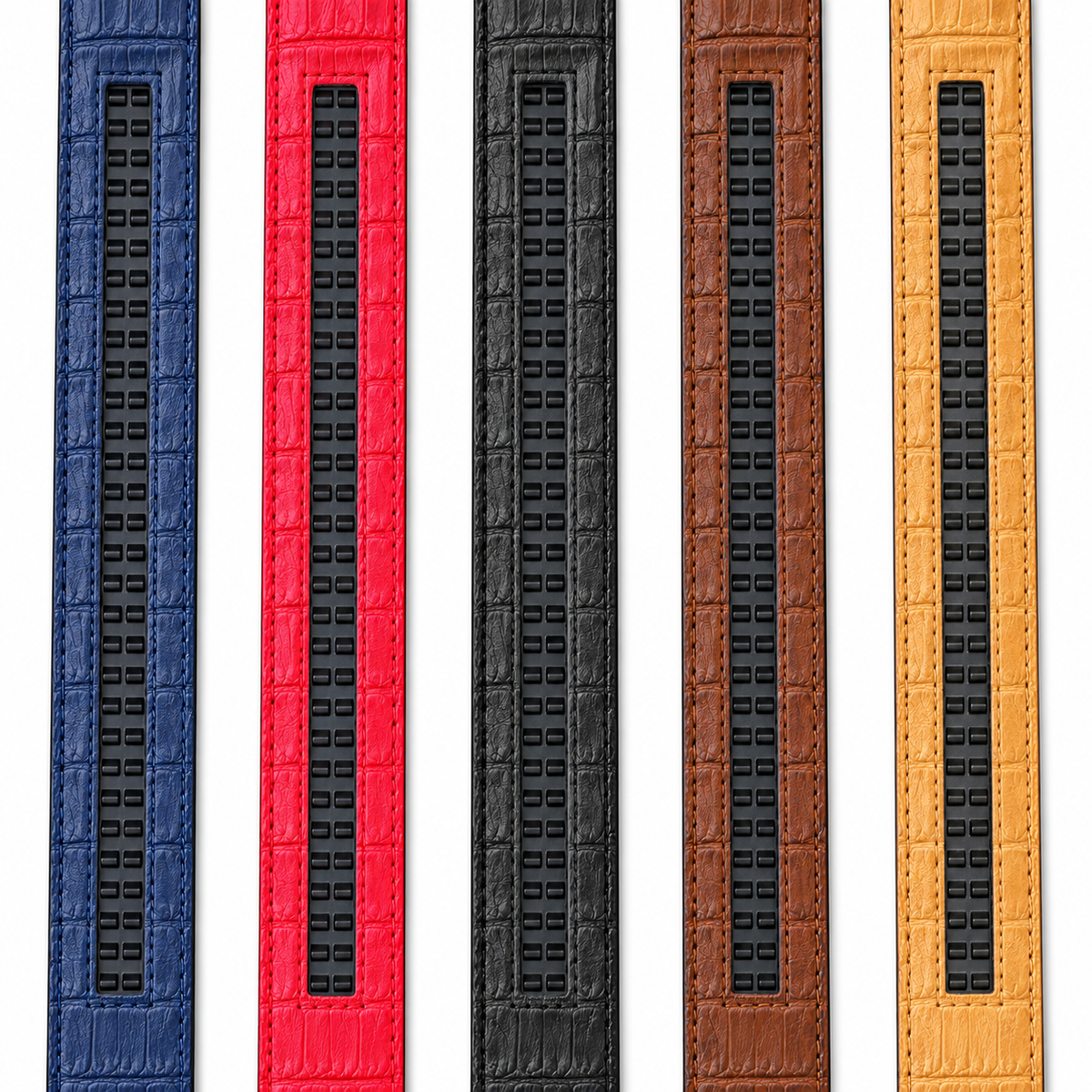 Croco Embossed Leather Track Belt: Brown