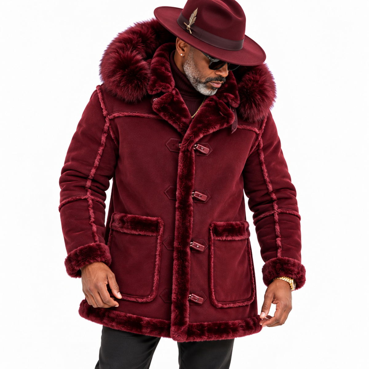 Jordan Craig Men’s Shearling Detachable Hooded Coat – Wine