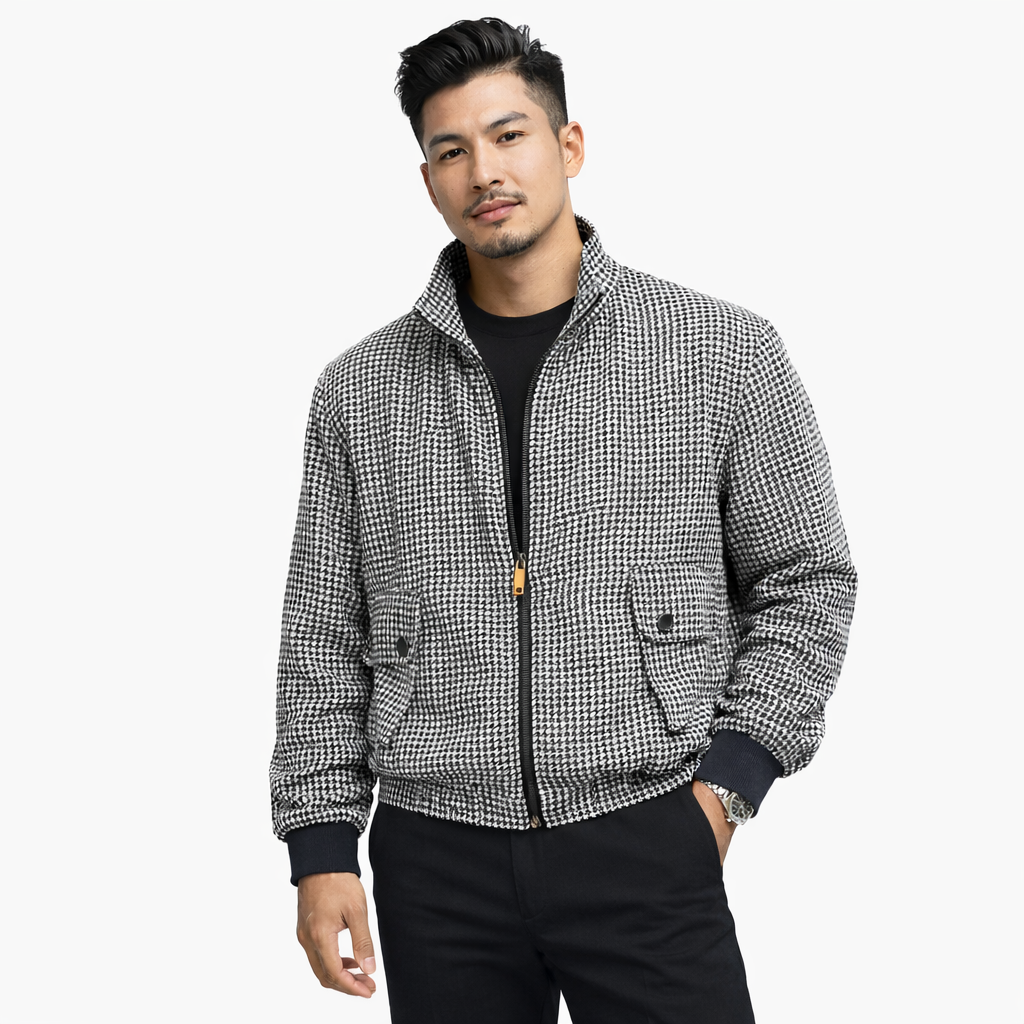 Inserch Men’s Houndstooth Linen Bomber Jacket – Black White