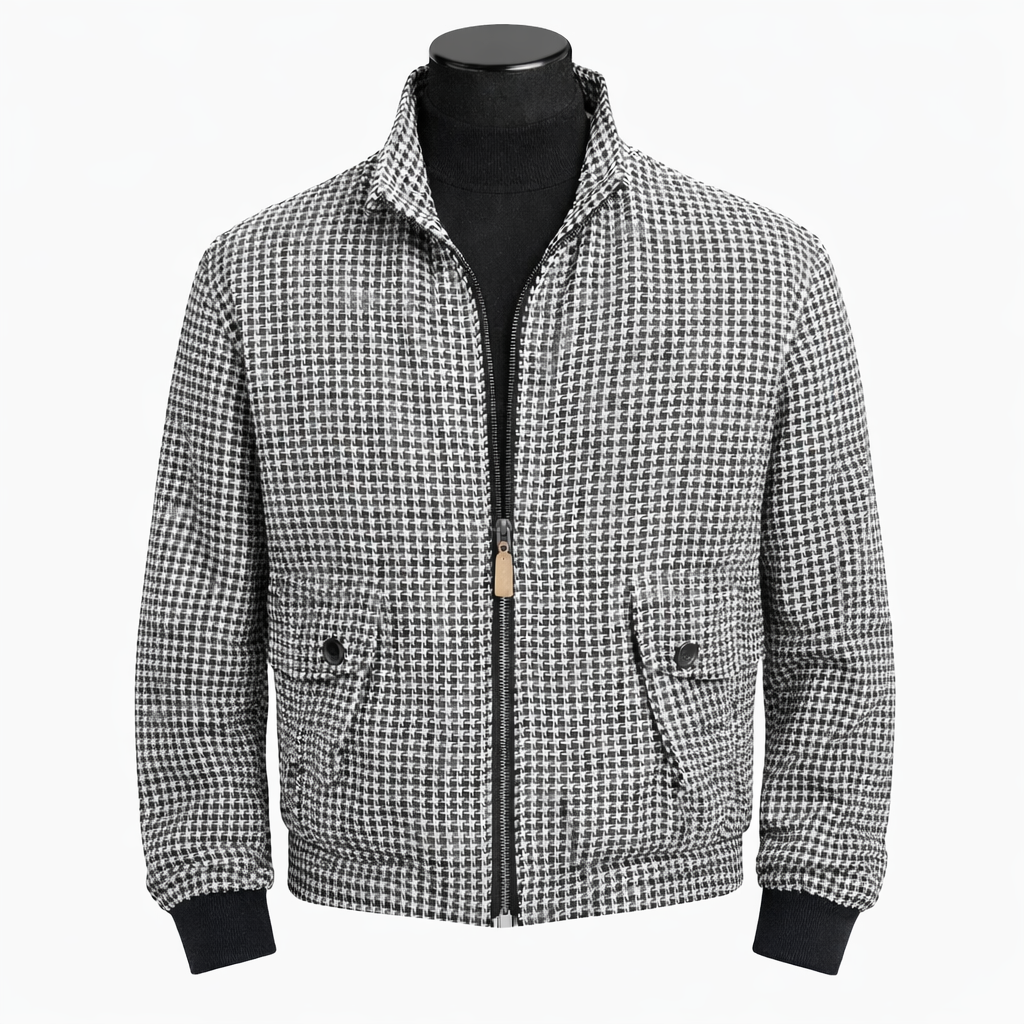 Inserch Men’s Houndstooth Linen Bomber Jacket – Black White