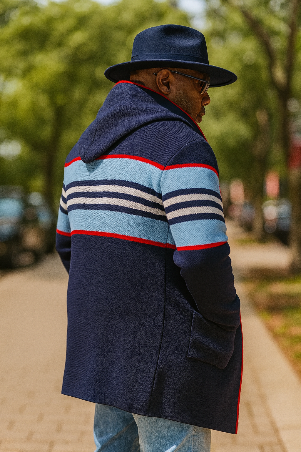 OIM "Burbs" Cardigan 3/4 Length Sweater Jacket (Navy/Sky/White)