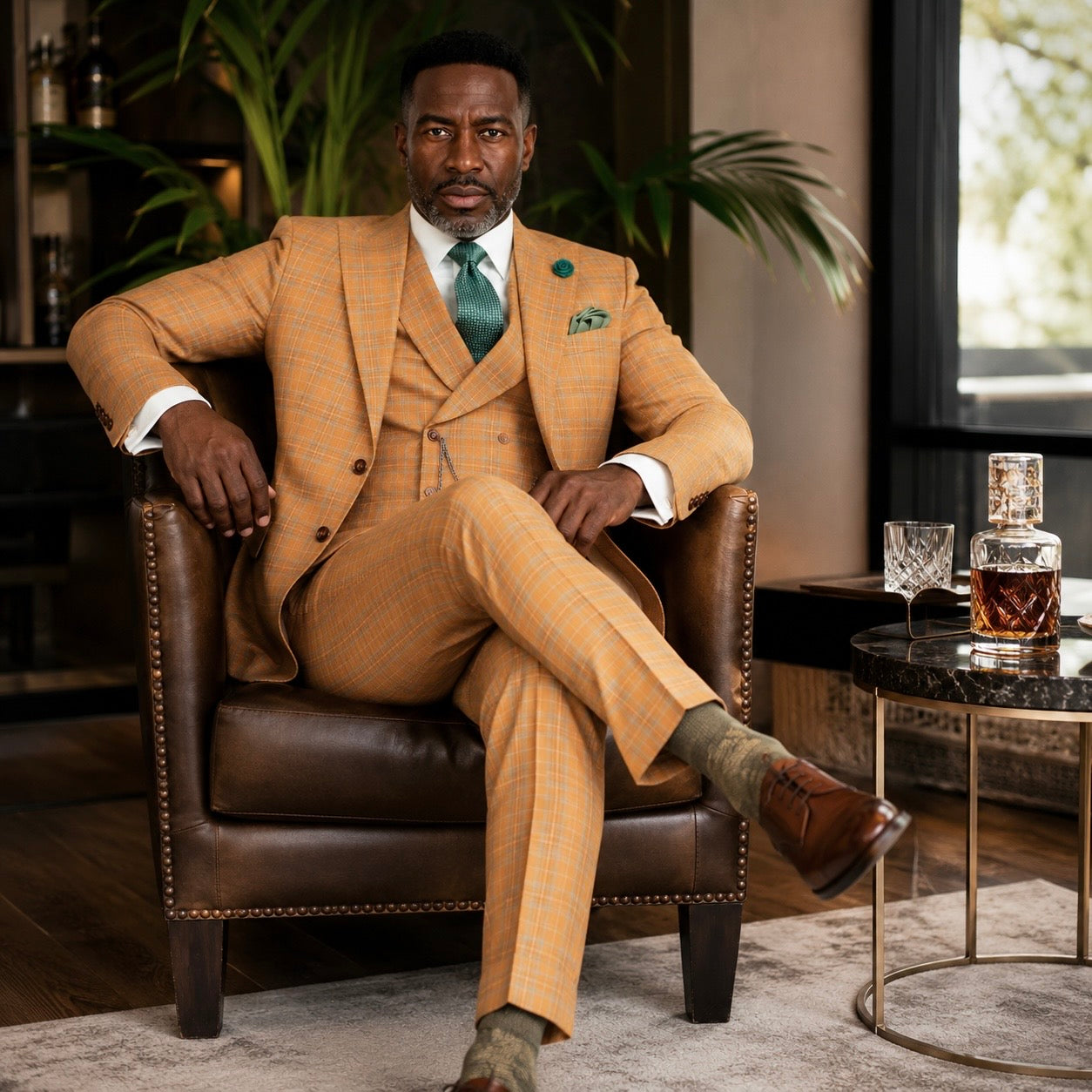 Men’s Orange Modern Fit Windowpane 3-Piece Suit with Double-Breasted Vest MV2W-3