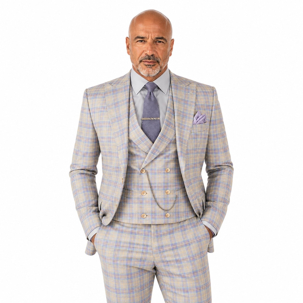 Men’s Blue Modern Fit Windowpane 3-Piece Suit with Double-Breasted Vest MV2W-3