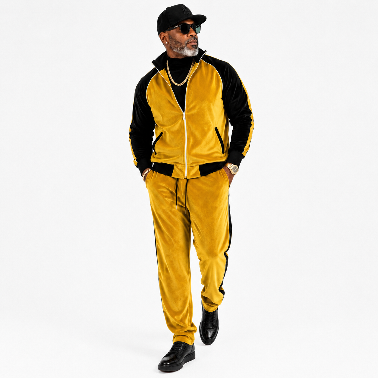 Inserch Men's Velour Track Jacket & Pant Set: Gold/Black