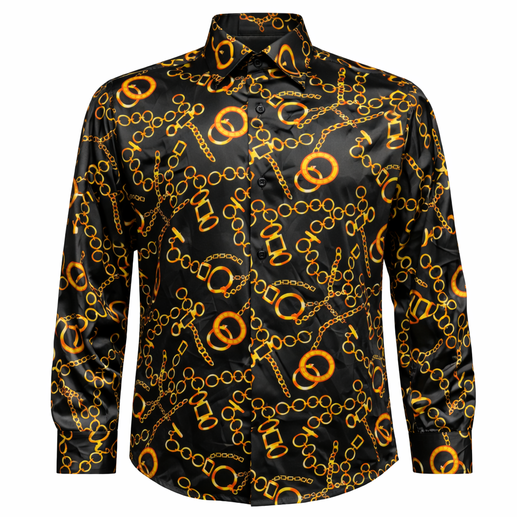 slim fit dress slacks Inserch Gold Chain Print Satin Shirt – Black LS278