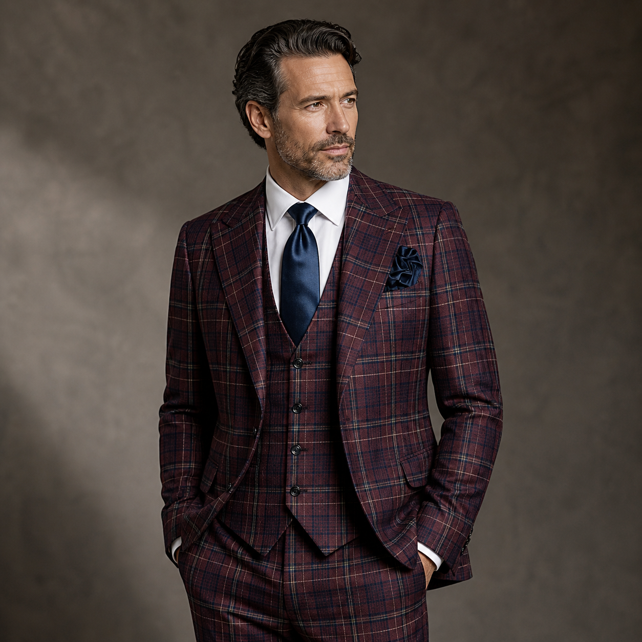 Rossi Man Modern Fit 3-Piece Vested Suit - Wine Navy 2012