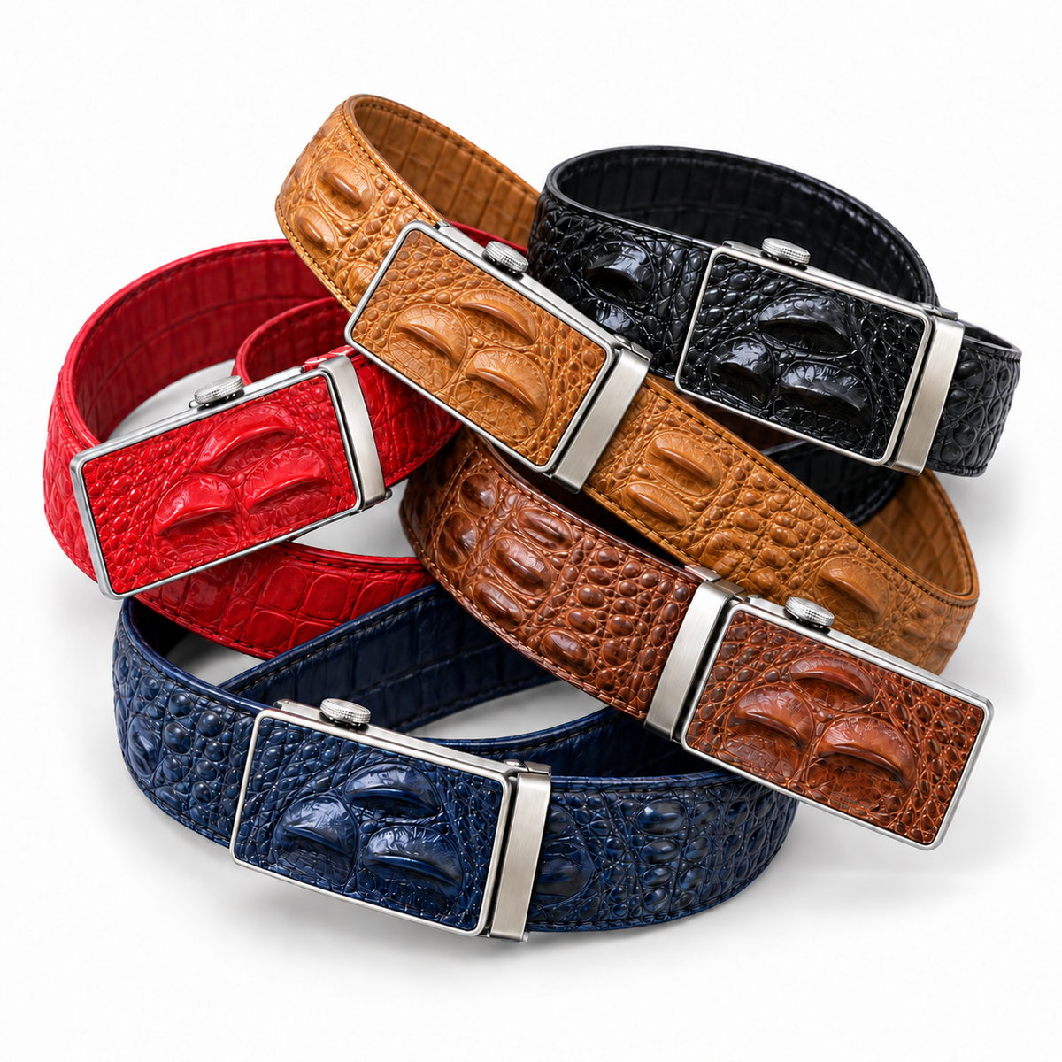 Croco Embossed Leather Track Belt: Cognac