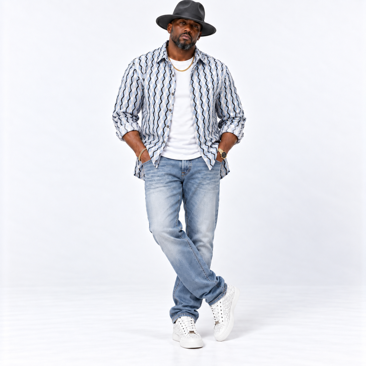 Men’s Lightweight Stretch Button Up Shirt: Blue/White/Black