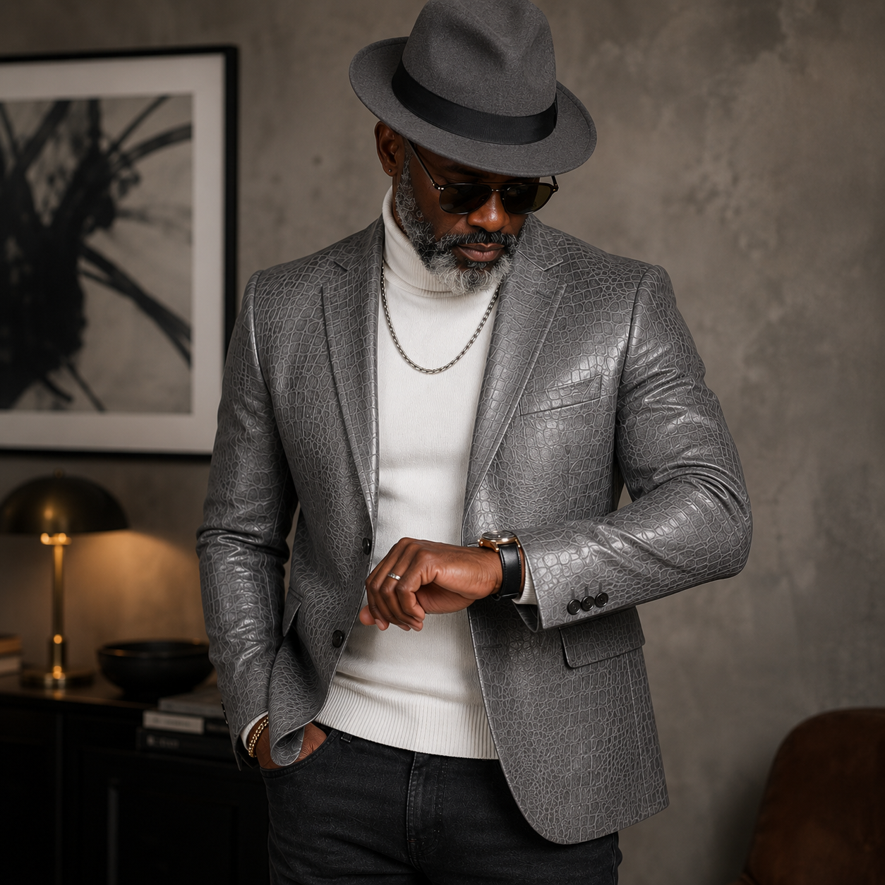 Men’s Croc Embossed Vegan Leather Blazer – Gray