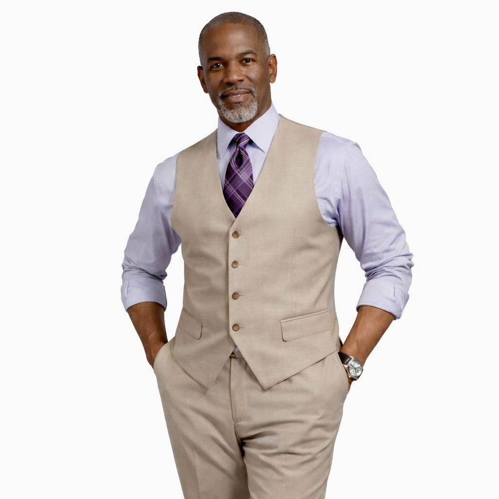 Men’s Solid 3 Piece Suit – Oatmeal Regular Fit Vest V2RK-4