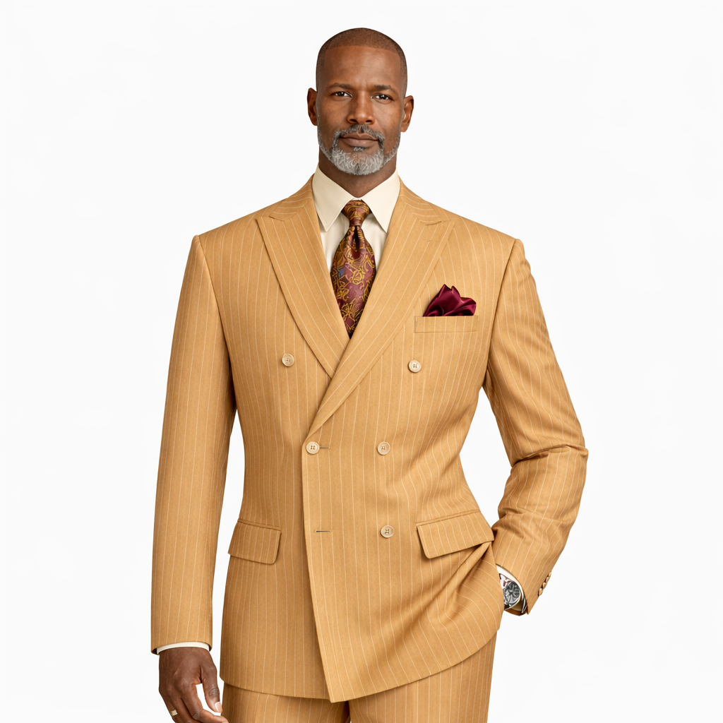 Men’s Double Breasted Pinstripe Suit – Camel Relaxed Fit 2 Piece FDSS