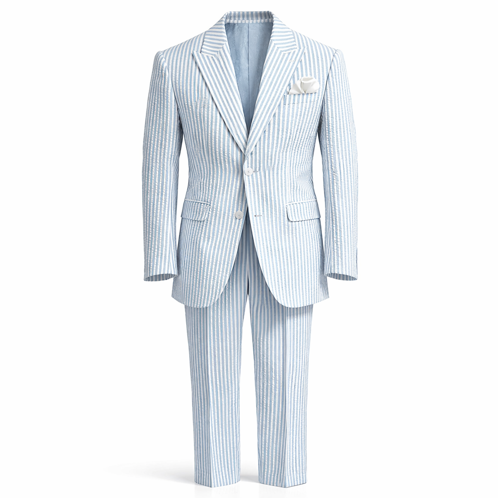 Inserch Men’s Premium Cotton Seersucker Stripe Suit – Light Blue