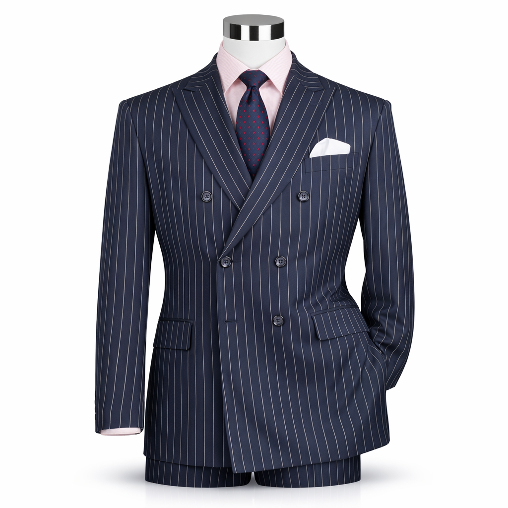 Men’s Double Breasted Pinstripe Suit – Navy Relaxed Fit 2 Piece FDSS