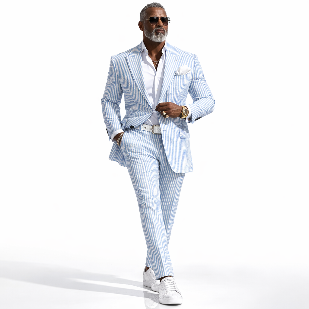 Inserch Men’s Premium Cotton Seersucker Stripe Suit – Blue