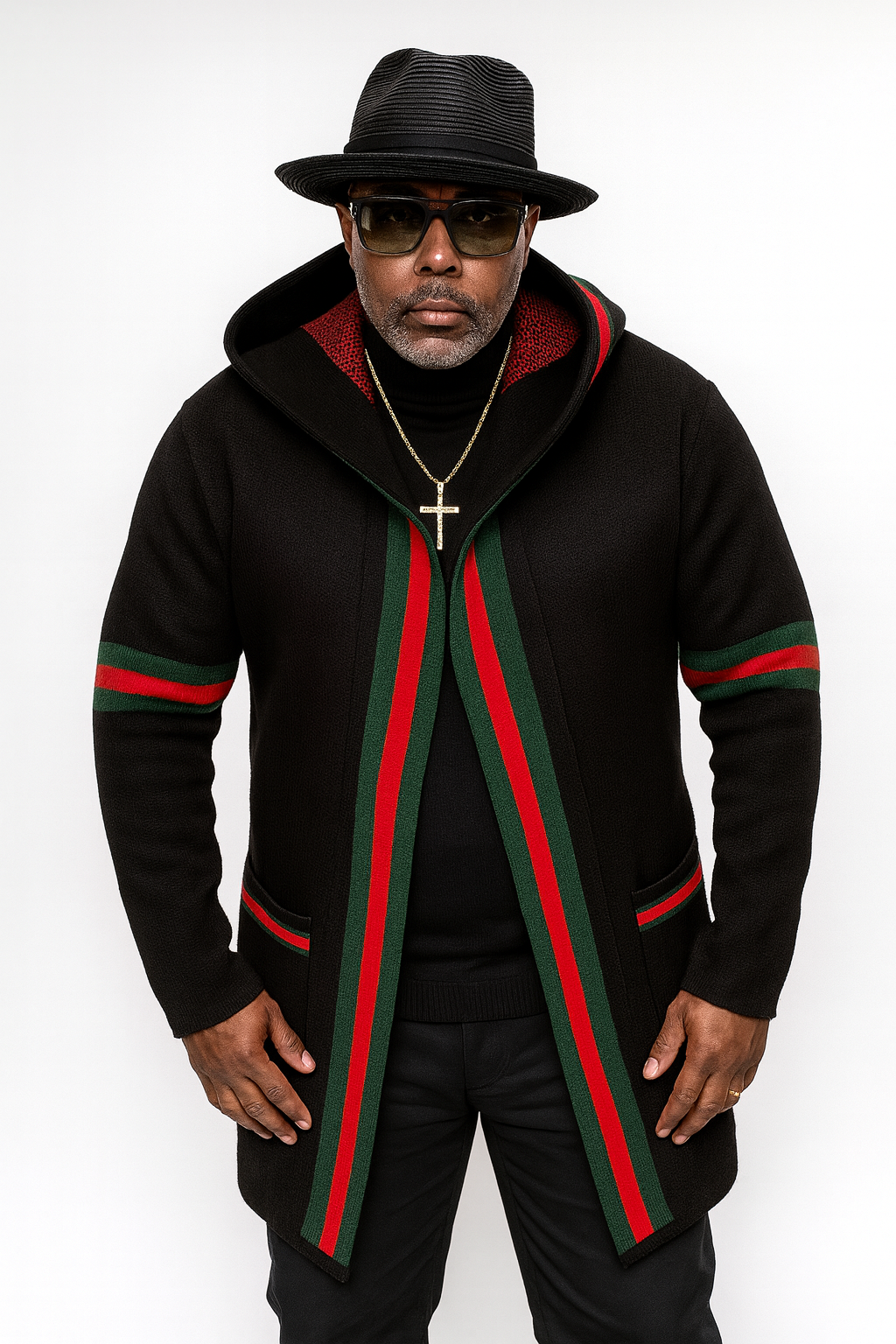 OIM "Designer" Cardigan 3/4 Length Sweater Jacket (Black/Red)