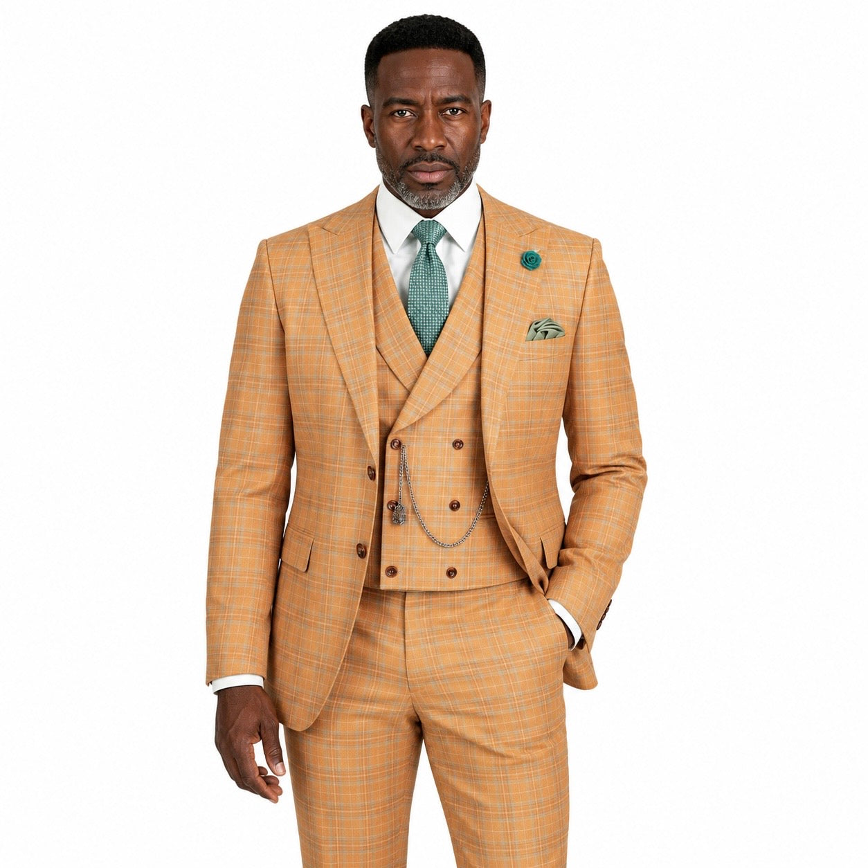 Men’s Orange Modern Fit Windowpane 3-Piece Suit with Double-Breasted Vest MV2W-3