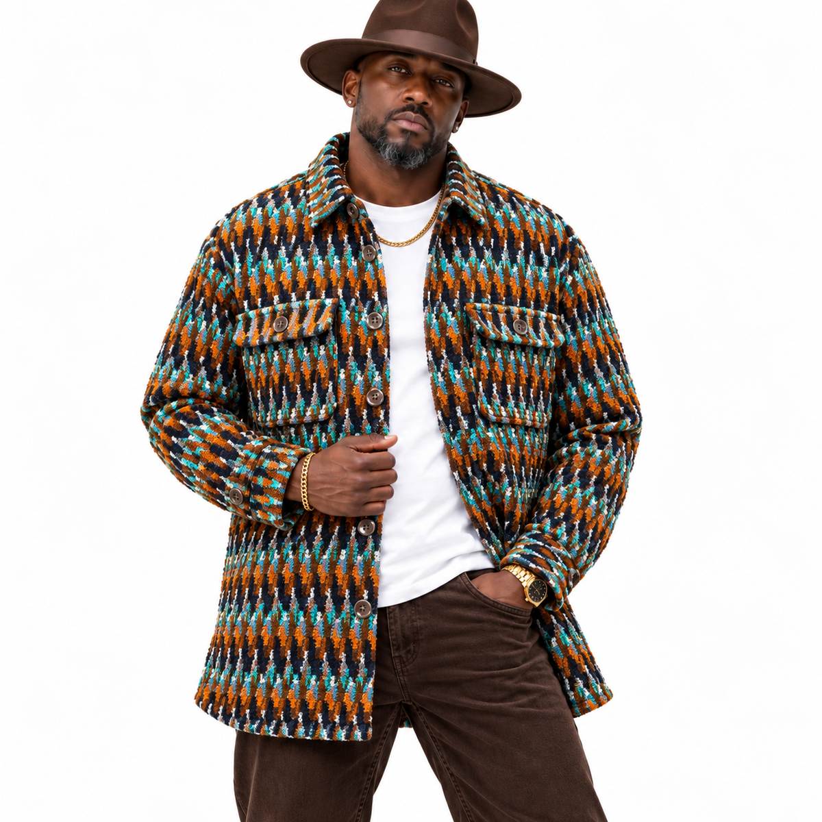 Lanzino Men’s Luxury Shirt Jacket – Navy Orange Teal