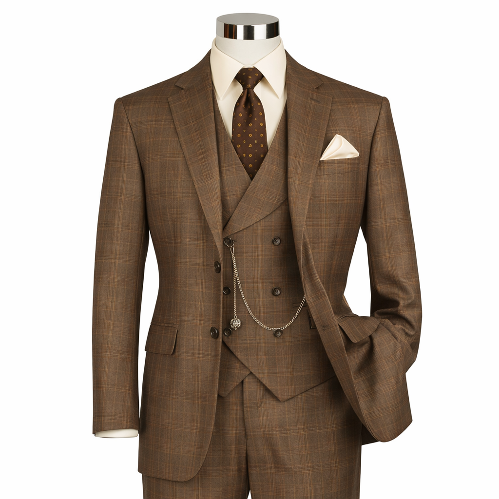 Men’s Glen Plaid 3 Piece Suit – Chestnut Regular Fit Double Breasted Vest V2RW7