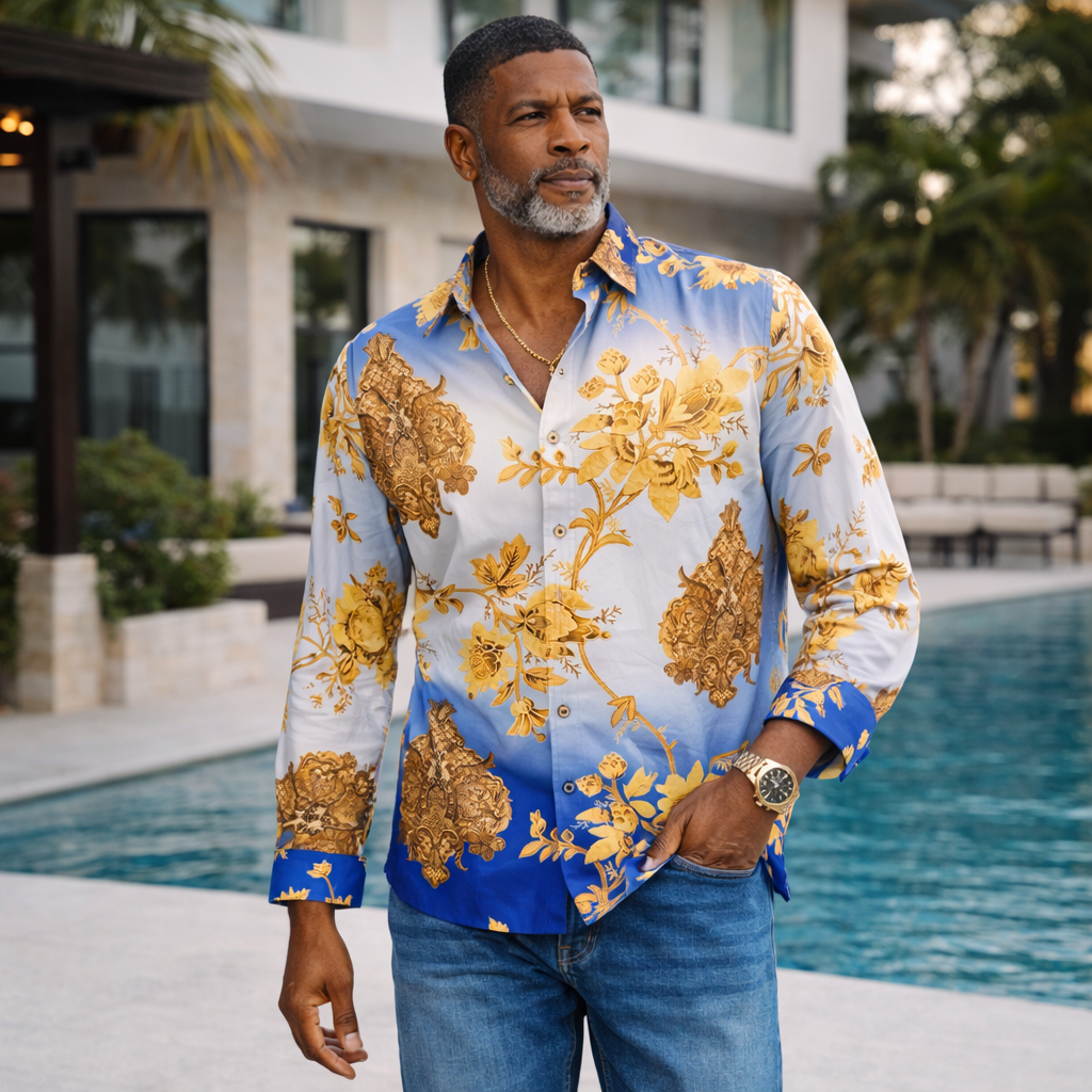Prestige Men’s Multicolor Luxury Cotton Long Sleeve Button-Up Shirt – Denim 452 2X