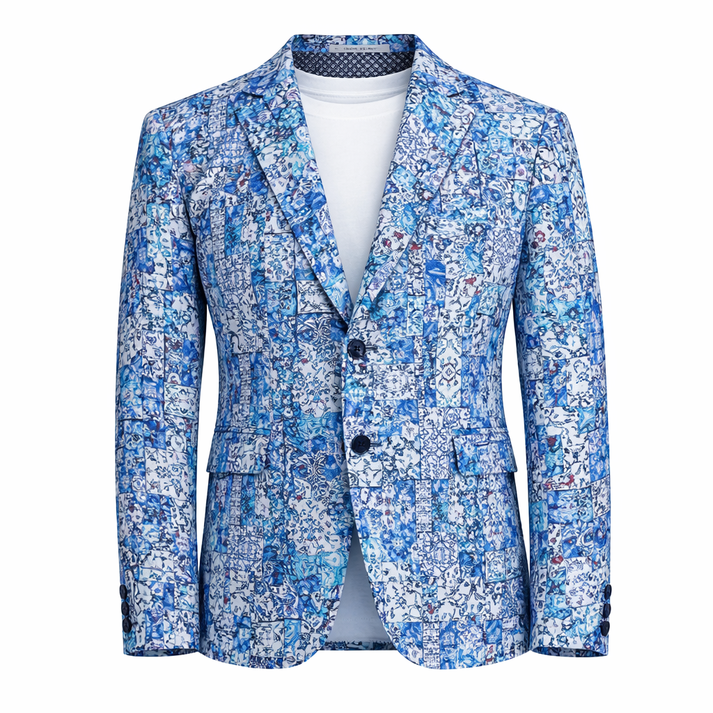Inserch Patchwork Print Blazer Blue Wave Modern Fit BL261