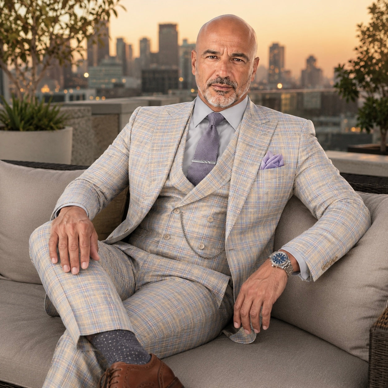 Men’s Blue Modern Fit Windowpane 3-Piece Suit with Double-Breasted Vest MV2W-3