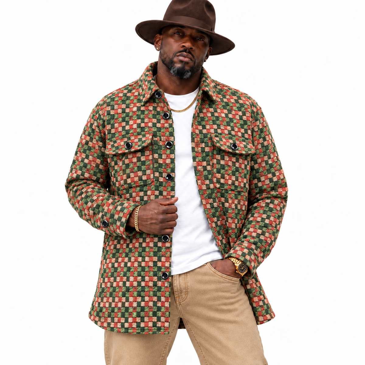 Lanzino Men’s Luxury Shirt Jacket – Green Tan Rust