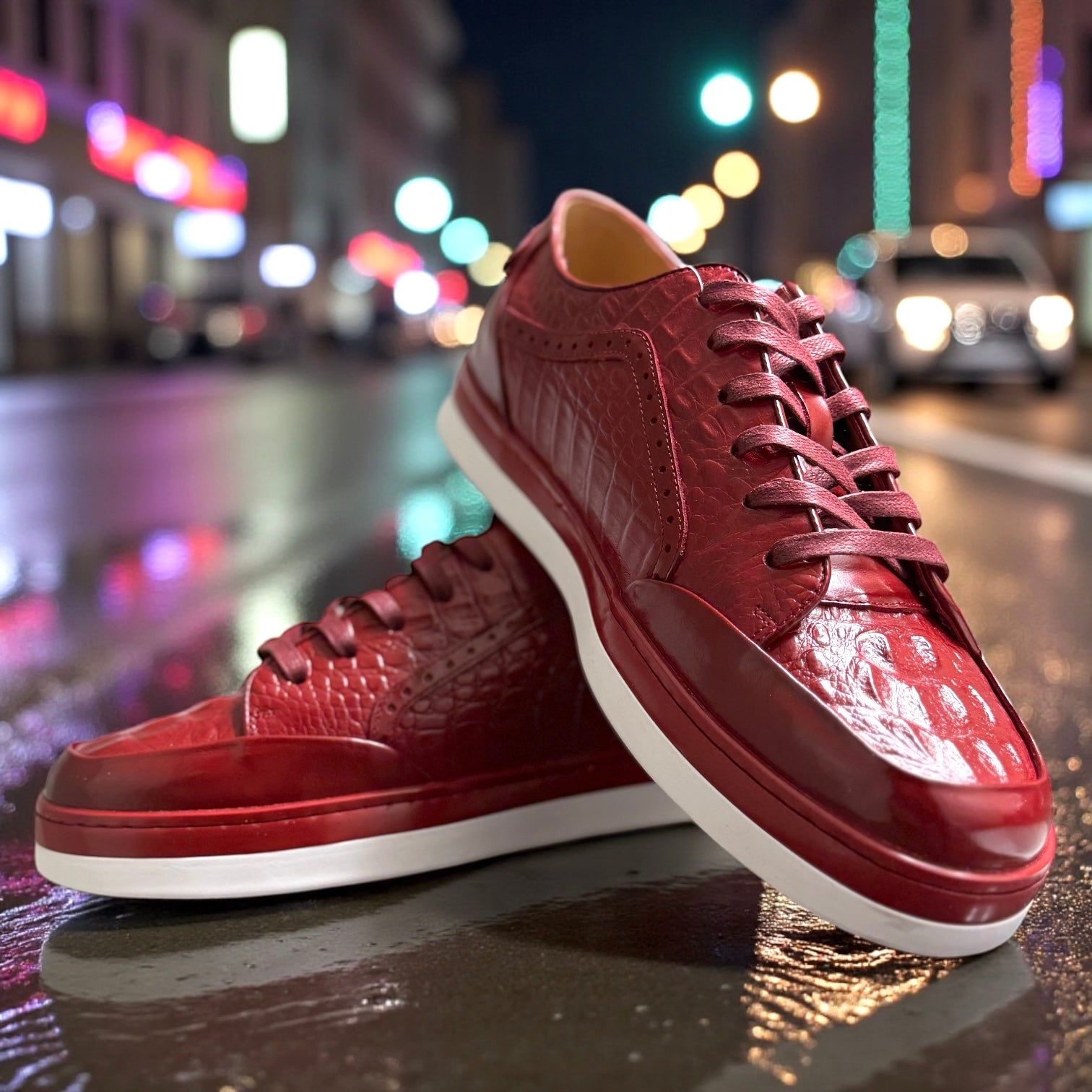 Giovanni Timo Men’s Croco Print Leather Sneaker - Red