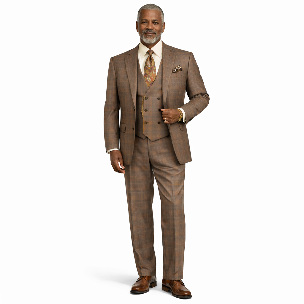 Men’s Glen Plaid 3 Piece Suit – Chestnut Regular Fit Double Breasted Vest V2RW7