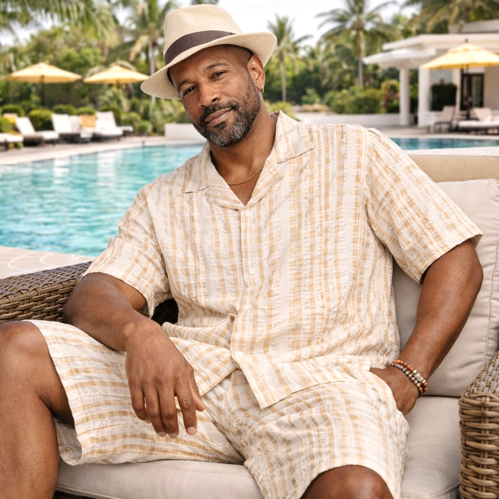 Stacy Adams Tan Seersucker Short Set - Relaxed fit