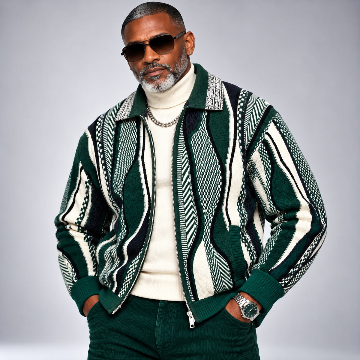 Silversilk Wool-Blend Full-Zip Sweater: Green