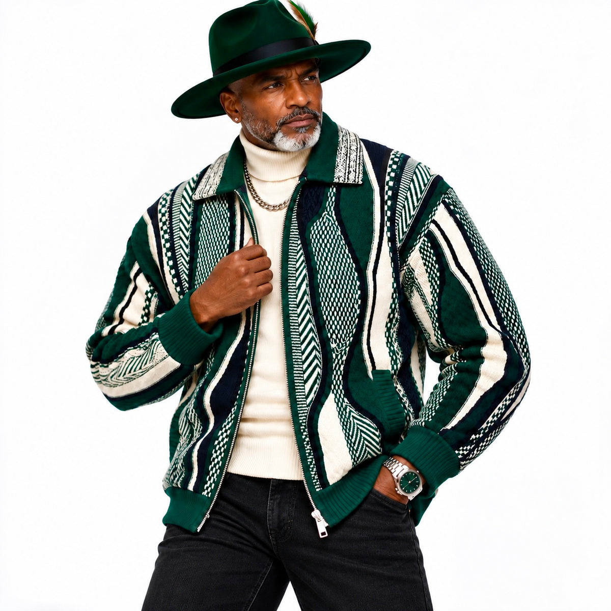 Silversilk Wool-Blend Full-Zip Sweater: Green