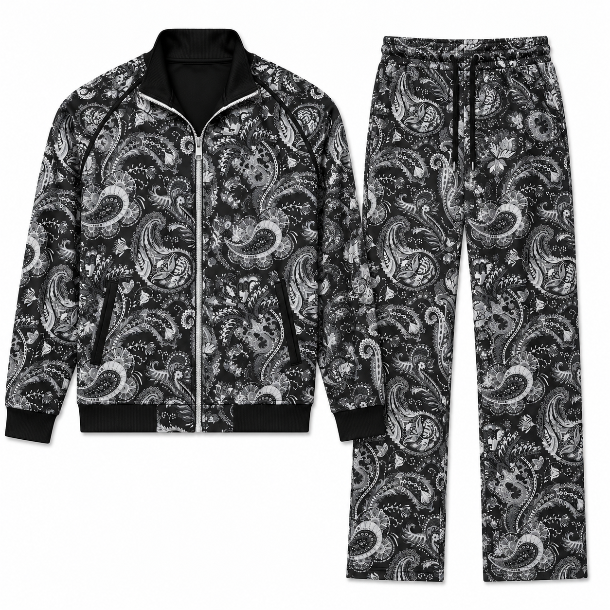 Inserch Men's Paisley Velour Track Jacket & Pant Set: Black