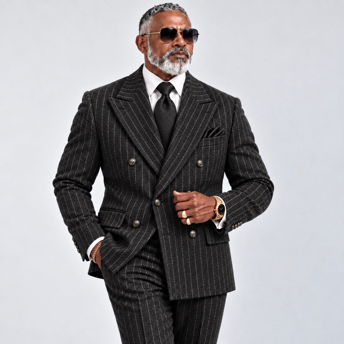 Inserch Wool Blend DB Wide Stripe Suit - Black