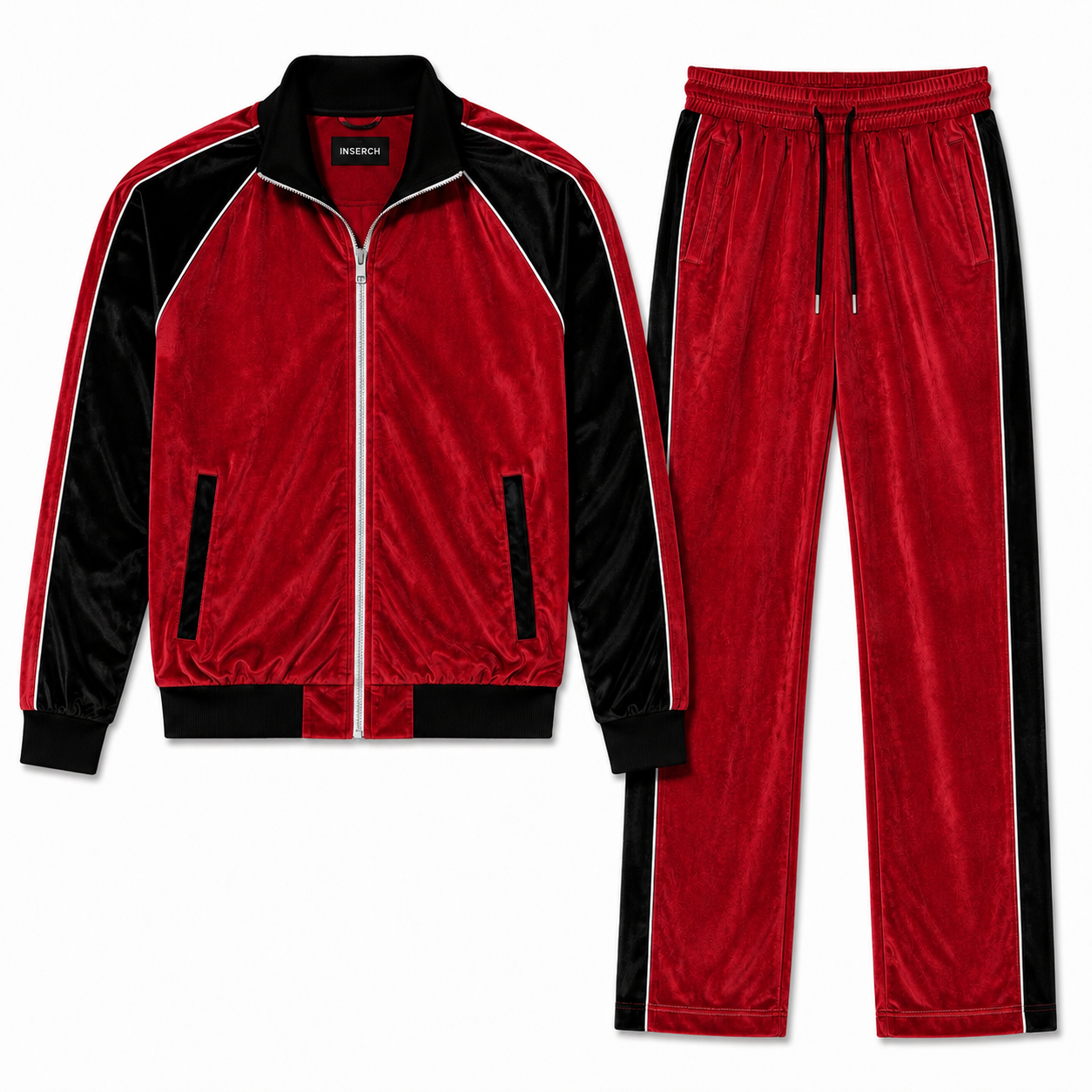 Inserch Men's Velour Track Jacket & Pant Set: Red/Black