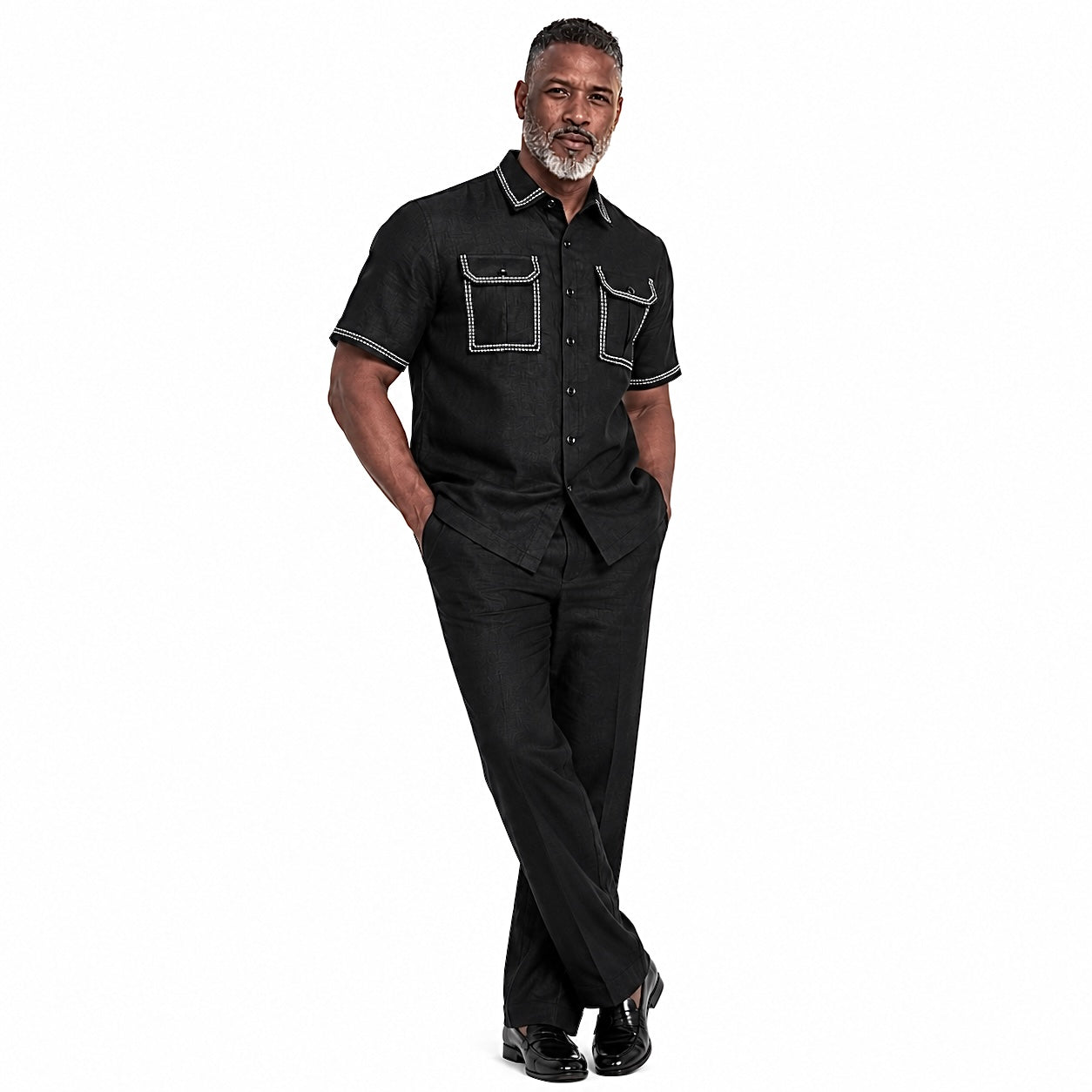 Prestige Men’s Stitched Linen Pant Set – Black (630)
