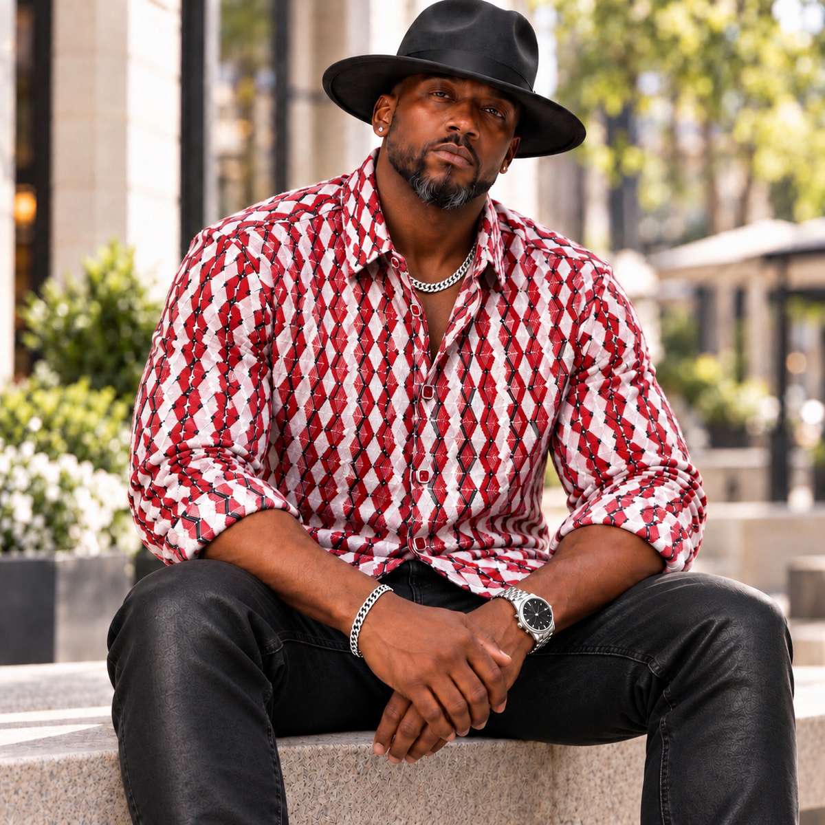 Men’s Lightweight Stretch Button Up Shirt: Red/White/Black