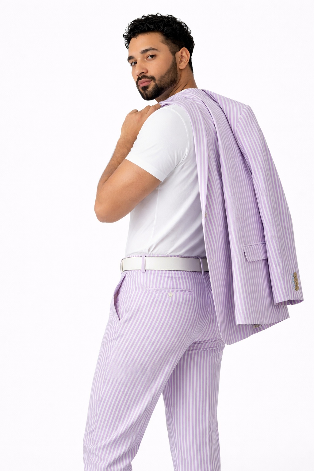 Inserch Men’s Premium Cotton Seersucker Stripe Suit – Purple