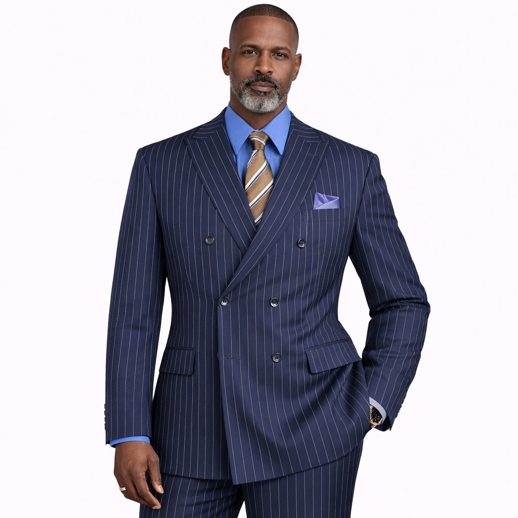 Men’s Double Breasted Pinstripe Suit – Navy Relaxed Fit 2 Piece FDSS