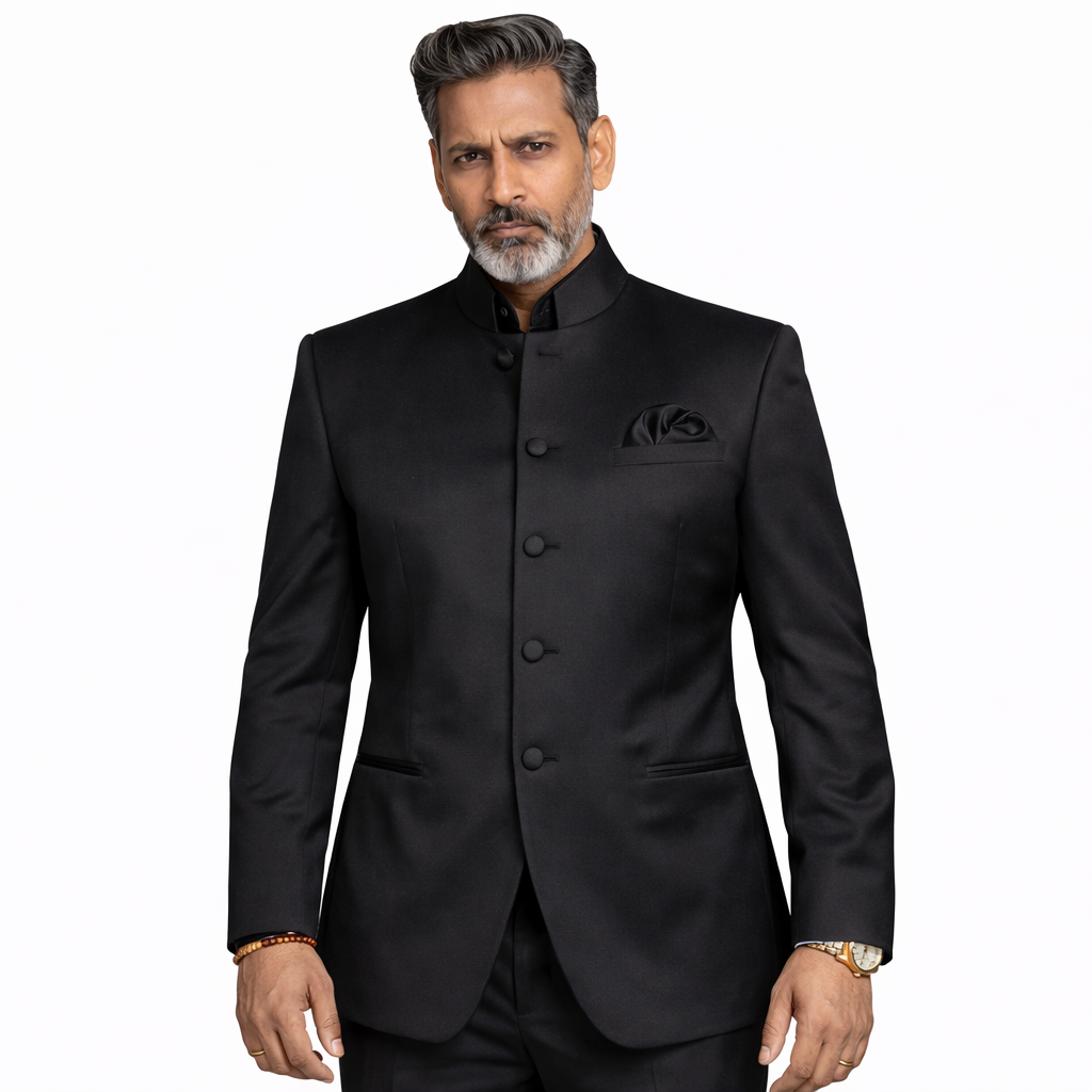 Men’s Regular Fit Banded Collar Suit – Mandarin Style Black 5HTB