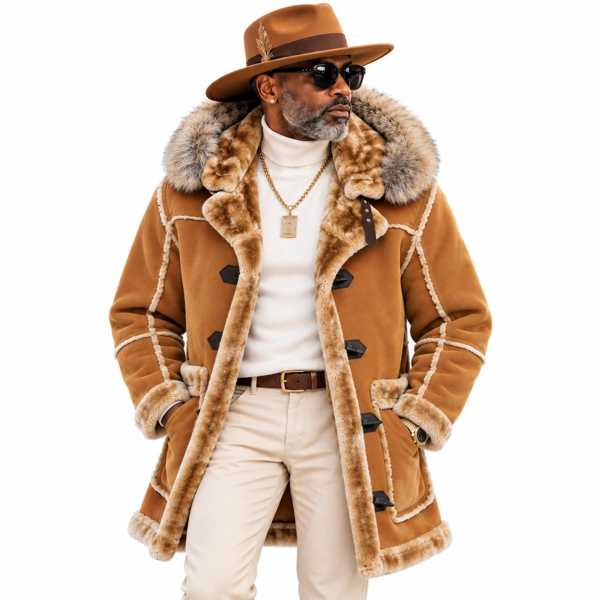 Jordan Craig Men’s Shearling Detachable Hooded Coat – Cognac