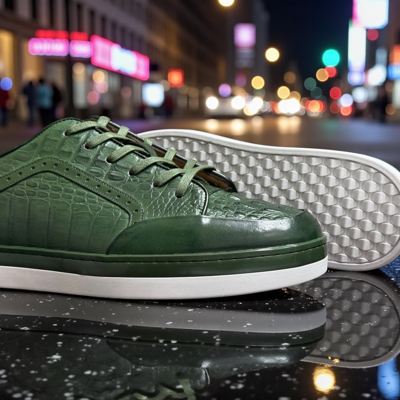 Giovanni Timo Men’s Croco Print Leather Sneaker - Green